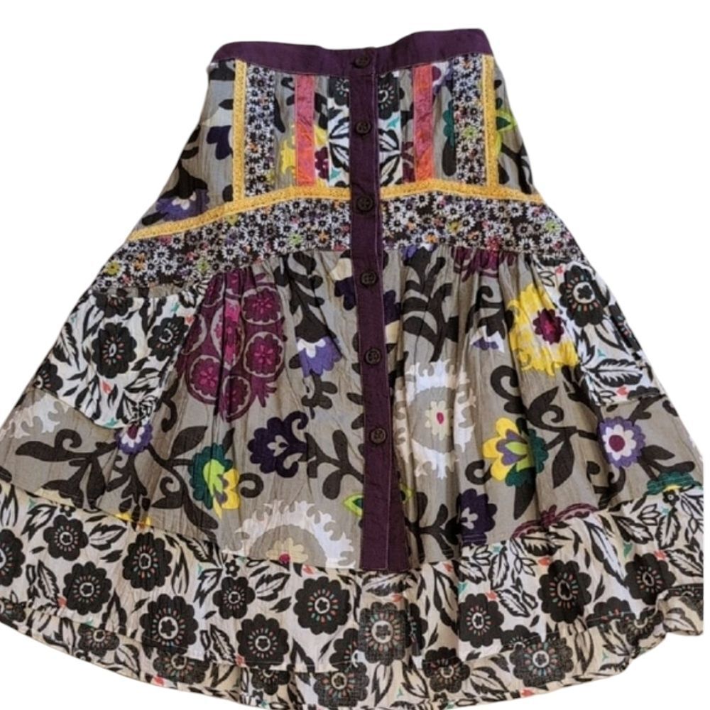 Double D Ranch Patchwork Midi Skirt Velvet Trim Buttons Pockets Prairie Size XS